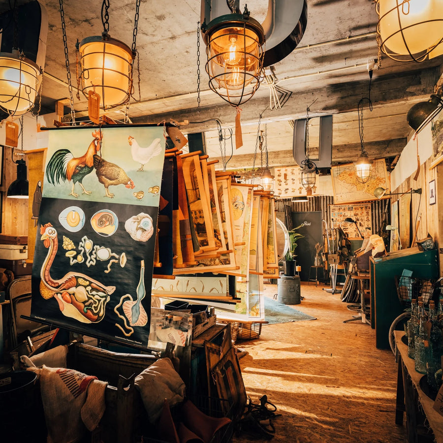 Originele vintage schoolkaart van Nederland met houten stokken en lichte gebruikssporen.