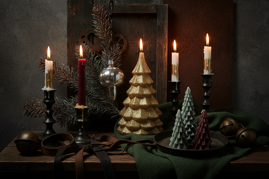 Robuuste vintage kandelaar met patina en dikke kaars in industriële kerstsfeer van Heavy Stuff.