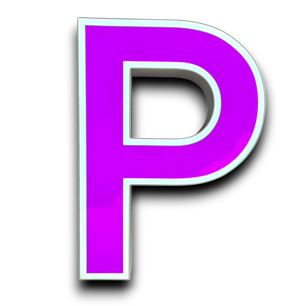LED-letter P in magenta met witte rand, vintage stijl.