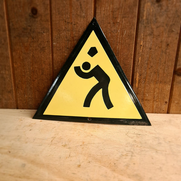 Emaille waarschuwingsbord Van Onderen!!!! met vallend object pictogram.