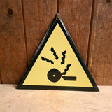 Emaille waarschuwingsbord LET OP Splinters met draaiend wiel en vonken.