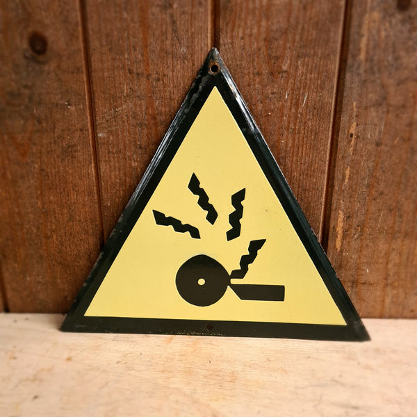 Emaille waarschuwingsbord LET OP Splinters met draaiend wiel en vonken.