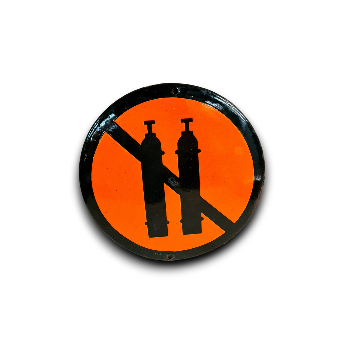 Emaille waarschuwingsbord Geen gasflessen met zwarte cilinders en oranje streep.