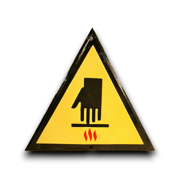 Emaille waarschuwingsbord Hot Stuff met hand boven hittegolven.