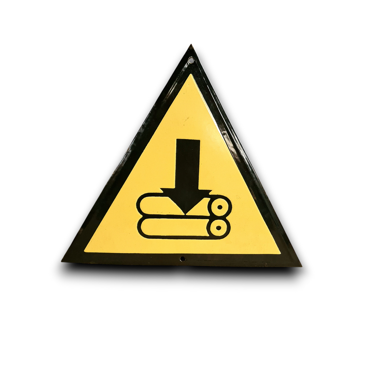 Emaille waarschuwingsbord Rollen met slijtage en patina details.