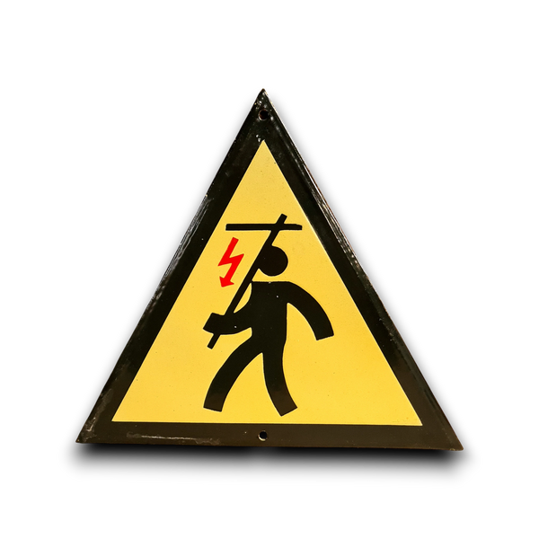 Emaille waarschuwingsbord LET OP Hoogspanning in de lucht, met patina.