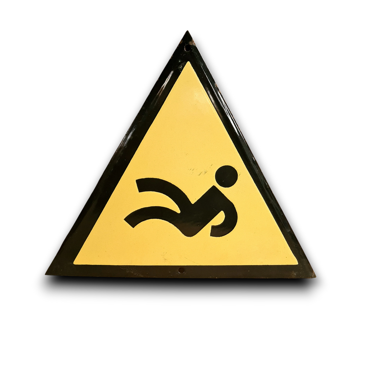 Emaille waarschuwingsbord Voetjes van de vloer met robuuste slijtage.