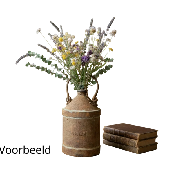Oude petroleumkan – SNCF als rustieke vaas met droogbloemen.