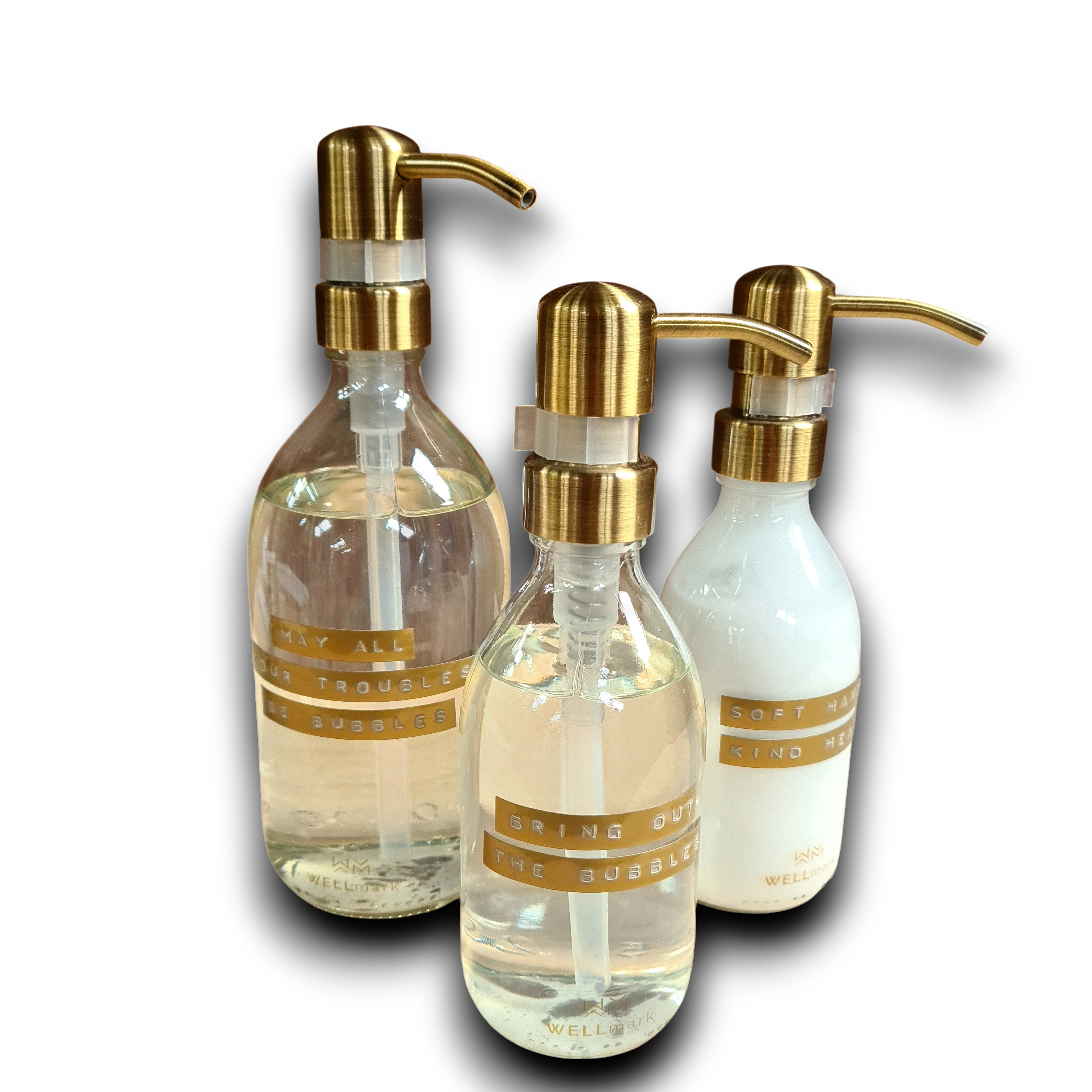 Wellmark handzeep: Elegante hervulbare pompflessen met messing dispenser.