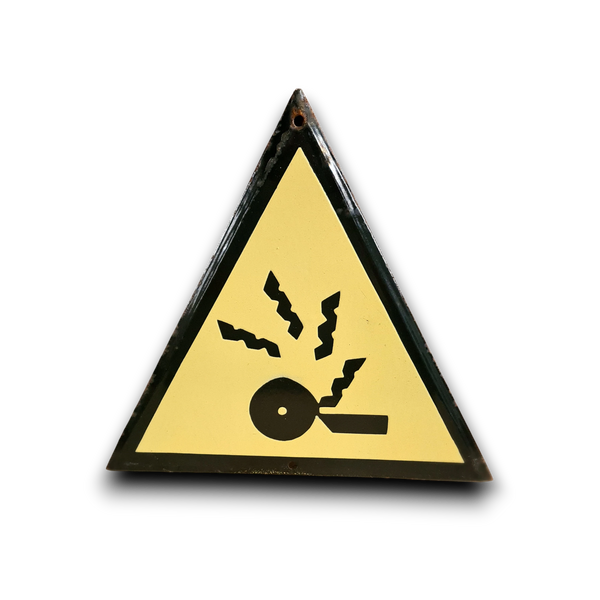 Emaille waarschuwingsbord LET OP Splinters met slijtage en patina.